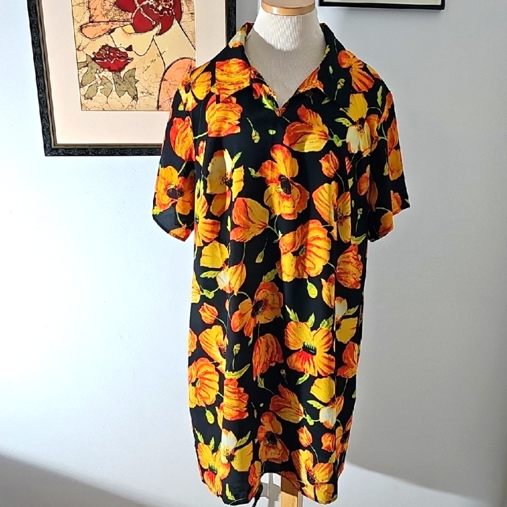 Tropical Floral Womens Shift Dress Shirt. Black Orange Sz 22. Boulvard De PARIS